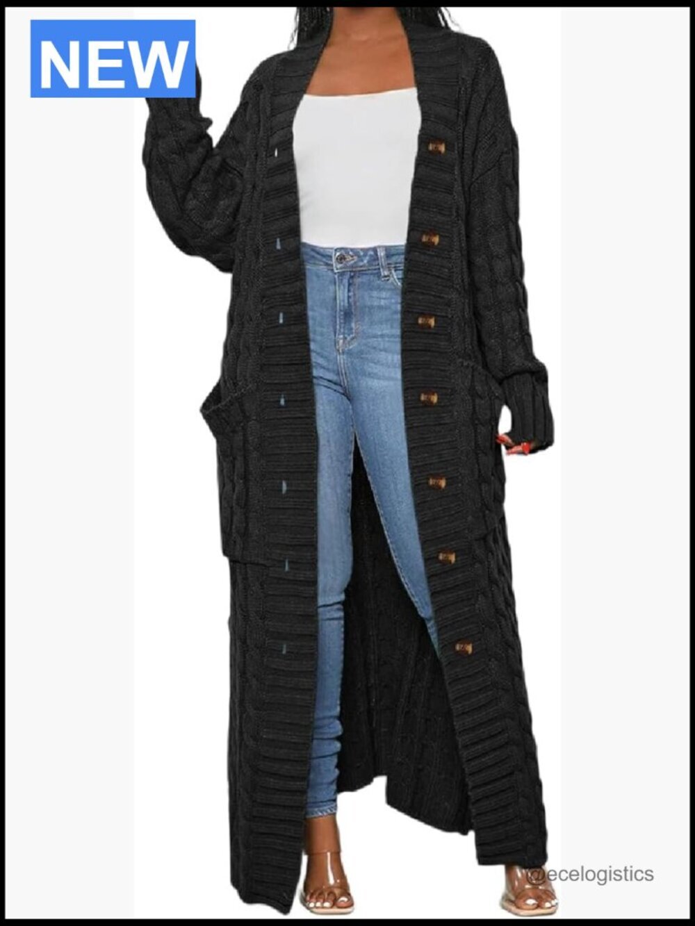 Cable Knit Chunky Maxi Cardigan with Pockets, V-Neck Long Cardigan for Women
